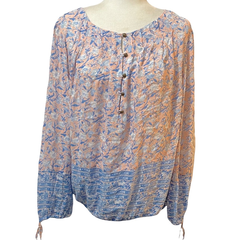 Lucky Brand Pink and Blue Floral Print Popover Top